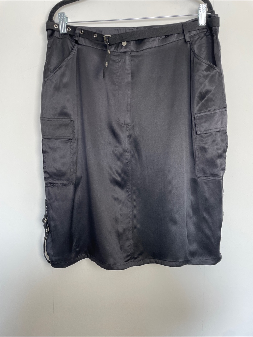 Y2K Voice Silk Cargo Utility Black Belted 4 Pocket Vintage Midi Women's 15 Skirt - Picture 2 of 7